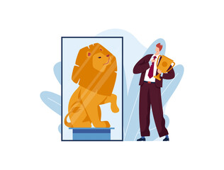 Successful business, businessman success, winner with golden cup, design in cartoon style vector illustration, isolated on white. Concept entrepreneurs in pursuit career, leadership in achieving goal.