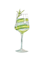 Refreshing summer cocktail in a glass. Watercolor illustration isolated on a white background