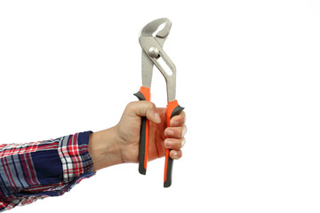 hand and arm of a handyman with a checkered shirt holding a pliers on a white background, iillustration of the concept made by yourself or home made, DIY course