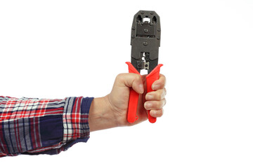hand and arm of a handyman with a checkered shirt holding a stripping pliers on a white background, iillustration of the concept made by yourself or home made, DIY course