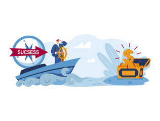 Inscription success, successful achievement goal in business, concept in career advancement, cartoon style vector illustration. Isolated on white, businessman swims quickly on tray to great wealth.