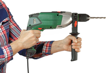 hand and arm of a handyman with a checkered shirt holding a drill on a white background, iillustration of the concept made by yourself or home made, DIY course