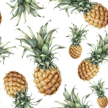 Watercolor food pattern with ripe pineapple. Hand painted tropical fruit with leaves isolated on white background. Botanical illustration for design or print.