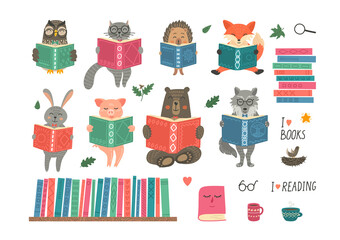 Animals reading book. Set from cute fantasy hand-drawn animals: cat, hare, fox, owl, rabbit, wolf, bear and hedgehog. Children educational illustration.
