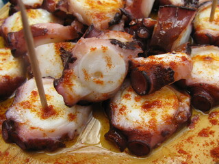Galician Style Octopus (Pulpo a la Gallega) - close up of slices of octopus served with olive oil and paprika
