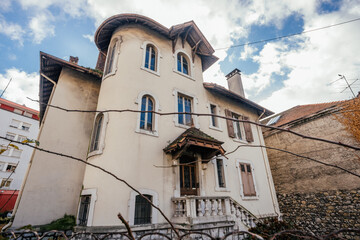 Meribel, France-July 17, 2019: photography of a Traditional classic French house with characteristic elements. Nice old European house