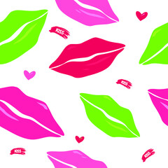 cartoon shiny lips, color lipstick on lips, seamless pattern bright kiss, Valentine's day wrapping paper, scrapbooking materials lips on white background,3D and flat images