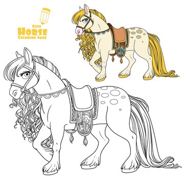 Cute white horse with golden mane harnessed to a saddle color and outlined picture for coloring book on white background