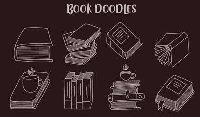 Set of Hand drawn Book doodles. Cute handmade Doodles isolated on white background.