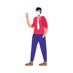 Man with medical mask and smartphone vector design