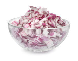 Chopped red onion in glass bowl isolated on white