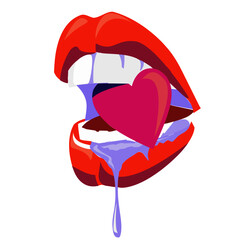 Vector illustration of woman lips biting a pink heart isolated on white 
