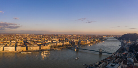 Aerial panoramic drone view of Danube river with bridges in Buda
