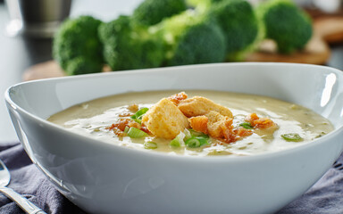 broccoli cheddar soup with croutons bacon and scallions