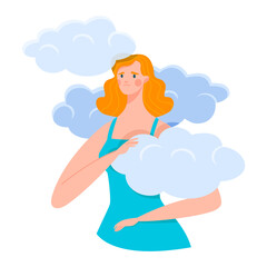 Woman cloud, unhappy look, visionary strategy, suffering loneliness Isolated on white, design, flat style vector illustration. Sweet girl sad, opportunity to be alone, concept depression, psychology.