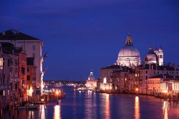 View from the famous Ponte dell'Accademia in Venice at night with the Canal Grande