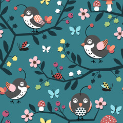 Seamless surface repeat vector pattern with happy little birds and colorful flower branches, butterflies and ladybugs on a blue-green background