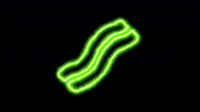 The appearance of the green neon symbol bacon. Flicker, In - Out. Alpha channel Premultiplied - Matted with color black