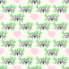Vector seamless pattern with cute koalas, hearts and eucalyptus branches. Background in naive cartoon doodle with australian bear for paper, textile, texture, scrapbooking