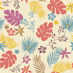 Fototapeta na wymiar vector pattern with wild tropical plants and flowers