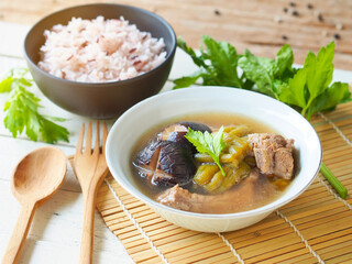 Bitter melon soup with Shiitake mushrooms and pork ribs serves with brown rice, Thai food recipes.