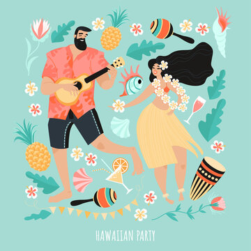 Hawaiian party concept with a man playing the guitar and dancing girl, musical instruments, drinks and tropical plants.