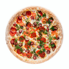 Delicious pizza with cheese and vegetables on grey background