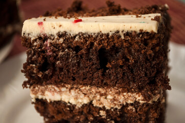 Sponge cake with cream on a white plate.