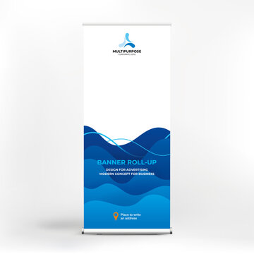 

Banner roll-up for water Park, creative concept for presentations and advertising, template for posting photos and text. Modern blue background with sea waves