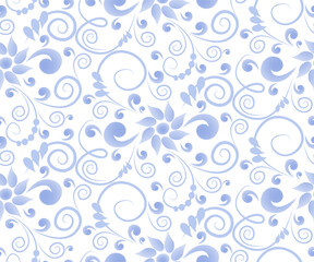Seamless vegetative light blue pattern made in the technique of Russian folk art Gzhel. Abstract design