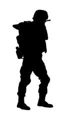 Silhouette of soldier with assault rifle on white background. Military service
