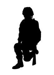 Silhouette of soldier with assault rifle on white background. Military service