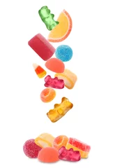 Foto op Plexiglas Set of different jelly candies falling into pile on white background © New Africa