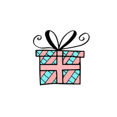 Christmas doodles. Hand drawn gift boxes in various shapes and colors isolated on background. Doodle cute style.Great design element for Christmas cards.