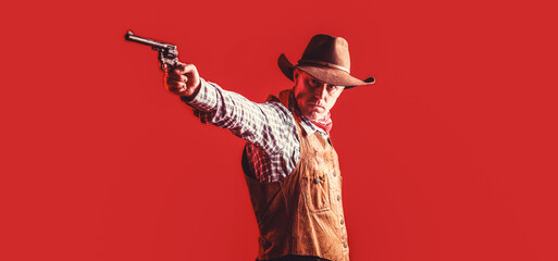 Western man with hat. Portrait of farmer or cowboy in hat. American farmer. Portrait of man wearing...