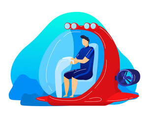 Bathyscaphe underwater transport, modern vehicle deep ocean research isolated on white, cartoon vector illustration. Male character pilot submarine, scientific study sea flora fauna.