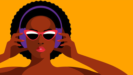 Pretty woman listening to music on headphones. Music Lover is listening to favourite playlist or audio chat. Female avatar on yellow background. Modern vector illustration 