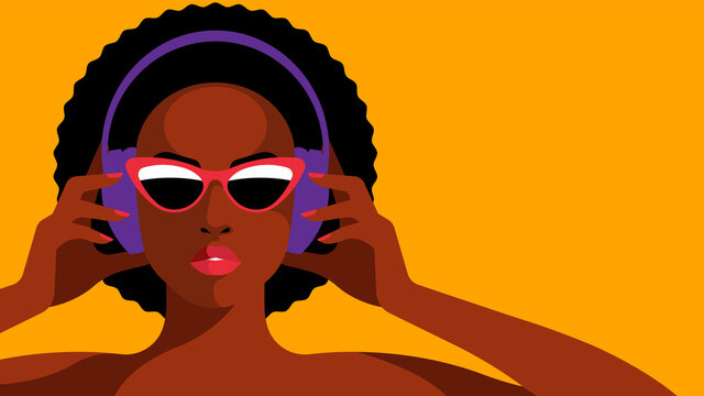 Pretty woman listening to music on headphones. Music Lover is listening to favourite playlist or audio chat. Female avatar on yellow background. Modern vector illustration 