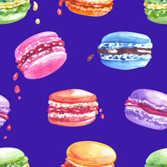 Seamless pattern of multi-colored macaroons on a bright blue background, print for fabric, wrapping paper, background with sweets for various designs.
