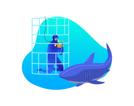 Research underwater shark, extreme entertainment male diver photography predatory fish isolated on white, cartoon vector illustration. Man sitting in save metal cage, video record ocean fish animal.