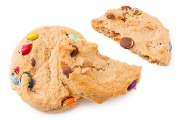 Chocolate chip cookies isolated on white background. Sweet biscuits. top view