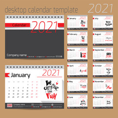 Desk calendar 2021, design template with motivational quotes. Set of 12 months.