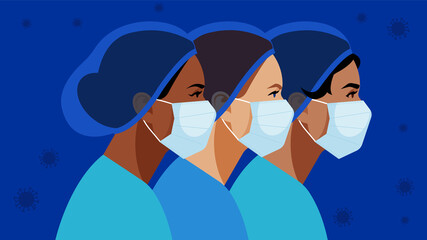 Nurses in medical mask and hat. Virus symbol in the air. Medical staff are fighting a viral infection. Vector illustration of a nurse in blue uniform on a blue.