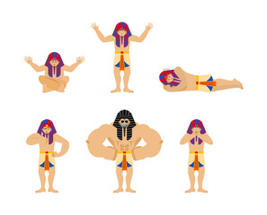 Pharaoh set poses. Rulers of ancient Egypt happy and yoga. sleeping and angry. guilty and sad. Vector illustration