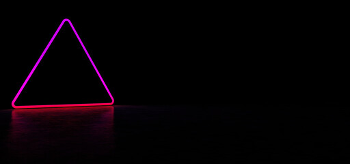 A luminous magenta sign in the shape of a triangle is in a dark space and is reflected in a glossy floor. Luminous pyramid in a dark space. 3D Render
