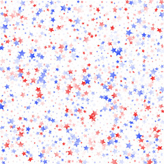 Flying red blue white star sparkles on white vector american patriotic background.