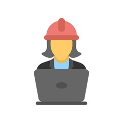 Female engineer or architect with hard hat icon. Builder, construction worker wearing helmet illustration. Flat design.