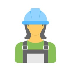 Female engineer with hard hat icon. Builder, construction worker wearing helmet illustration. Flat design.