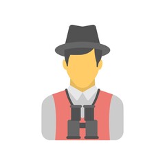 Man with binoculars icon in flat design style. Discovery sign.