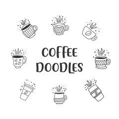 Set of hand drawn vintage coffee doodle icons. Coffee doodles.